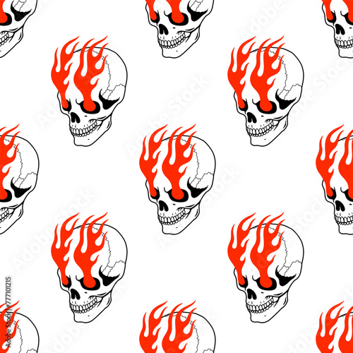 SKULL WITH BURNING EYES LOGO COLOR SEAMLESS PATTERN WHITE BACKGROUND