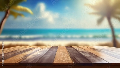 an empty wooden table set against a blurred background, capturing the relaxed atmosphere of a seaside getaway