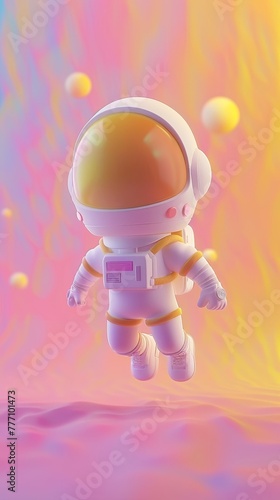 Flying astronut girl, little cute girl, stylized 3D animation, full body, colorful background. photo