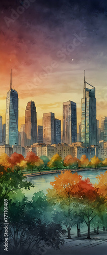 for advertisement and banner as Cityscape Wash Urban skylines meet the fluidity of watercolor washes. in watercolor landscape theme theme ,Full depth of field, high quality ,include copy space on left