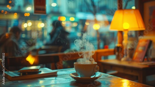 Cozy Coffee Shop Atmosphere with Steaming Cup 