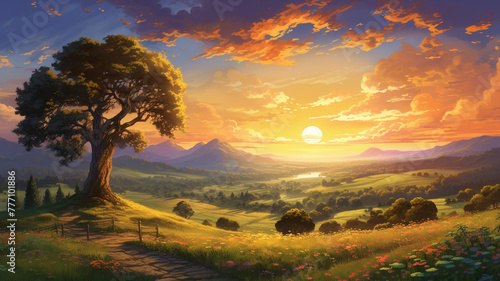 A peaceful countryside bathed in the warm glow of a golden sunset.