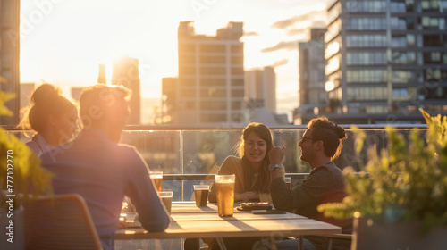 Colleagues having a coffee break on a sunny rooftop terrace, with the city skyline in the background. The afternoon sun bathes the scene in light, casting soft shadows that emphasi
