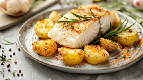 grilled fish steak with potatoes