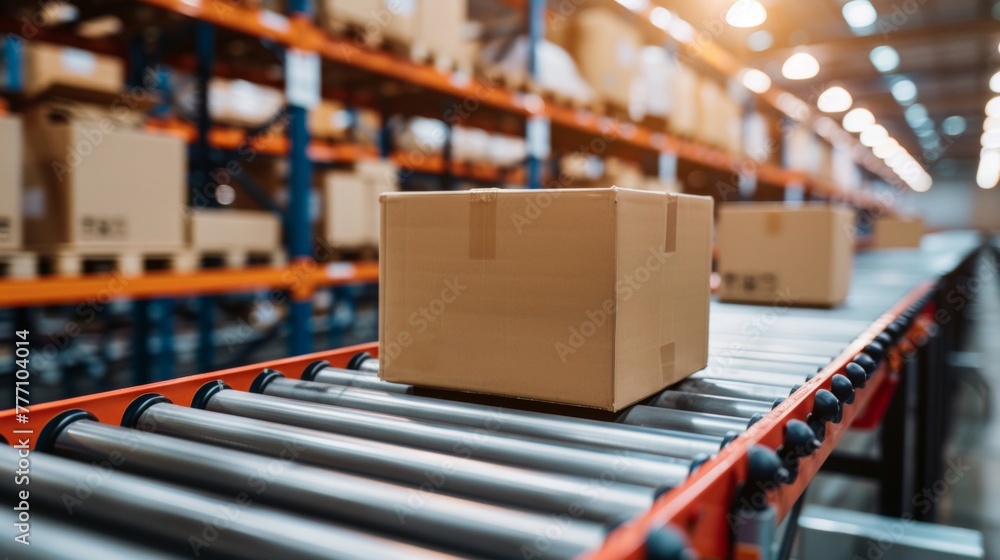 Boxes smoothly moving along a conveyor belt in a warehouse setting, with a blurred background