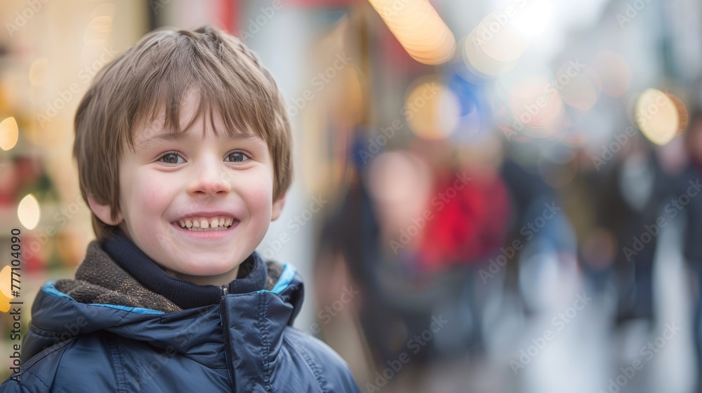 A young boy with a smile on his face walks down a bustling urban street A young boy with a smile on his face walks down a bustling urban street