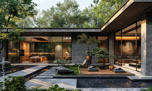 A modern villa with dark stone facade and large windows, surrounded by green trees