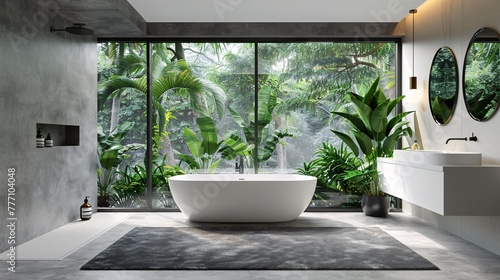 Modern Bathroom with Large Oval Bathtub and Tropical Plants Generative AI © Satyam