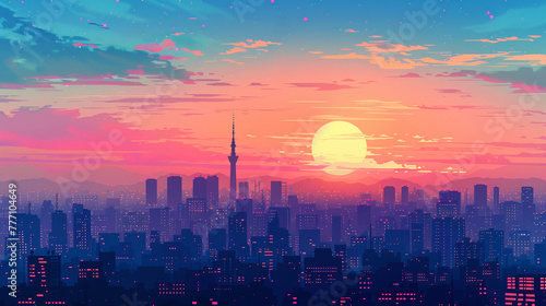 Anime skyline silhouette, pastel dawn, wide text space