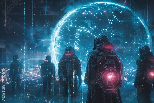 Shadowed personnel in futuristic armor observe a holographic globe, studded with luminescent data points. Armored watchers survey a spherical projection aglow with digital constellations, photo