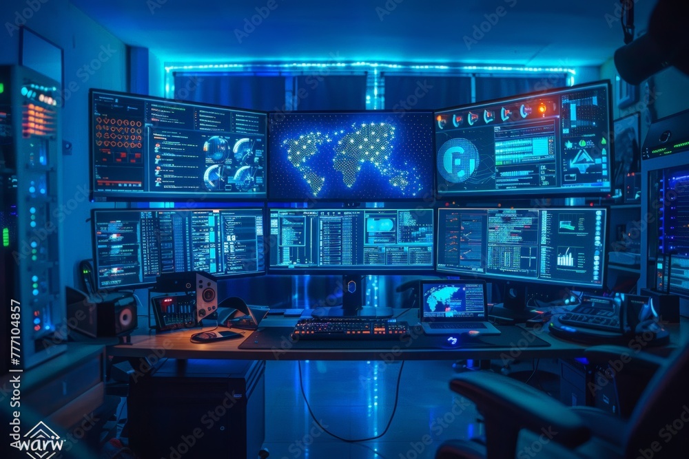 Control room aglow with neon blue light, screens illuminate various data points, world map glimmers in the central display. Monitoring station radiant in electric blues, central workstation commanding - obrazy, fototapety, plakaty 