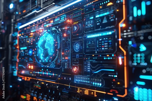 Sophisticated dashboard with dynamic interface showcases a central holographic projection, encapsulating modern analytics. Command center with radiant cybernetic elements,
