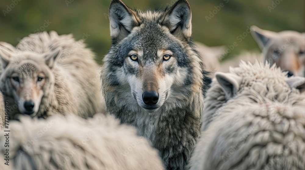 gray wolf amongst sheep portrait