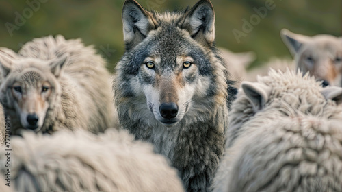 gray wolf amongst sheep portrait