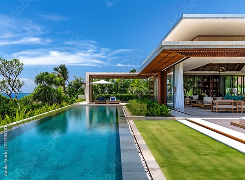 A modern minimalist style villa wht colors, wideangle lens, natural light, wooden structures, green plants, tropical landscape design, luxurious feeling © Waqar