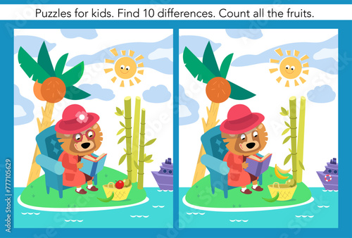 Cute grandma lion on island. Find 10 differences. Educational puzzle for children. Cartoon funny animals, plants. Vector illustration.