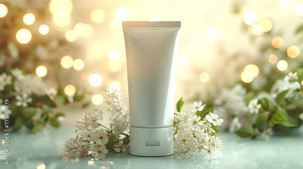 Cosmetic Elegance: Clean Small Tube Mockup with Flowers and Bokeh Background Cosmetic Elegance: Clean Small Tube Mockup with Flowers and Bokeh Background
