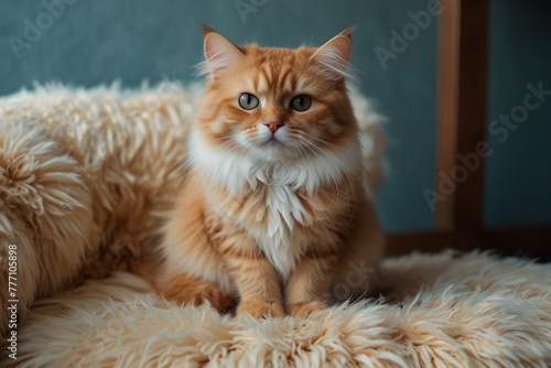 Beautiful fluffy cat sitting on the fluffy blanket at home.