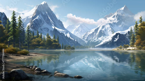 A serene lake nestled between towering snow-capped mountains.