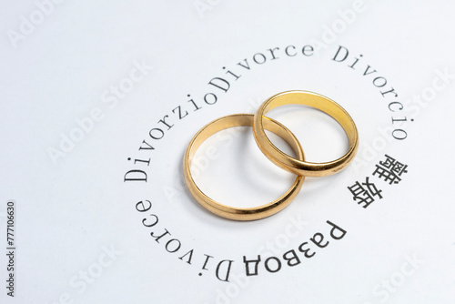 Divorce concept: wedding rings surrounded by the word divorce written in various languages