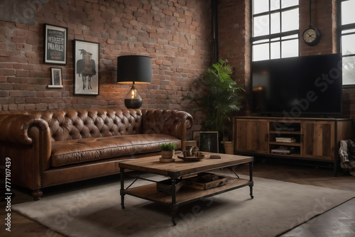Wohnzimmer mit elegantem Chesterfield-Sofa vor roher Backsteinwand photo