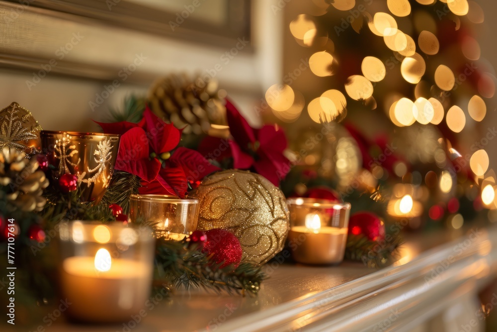 A festive setting with candles and Christmas decorations placed on a mantle, creating a cozy and celebratory atmosphere