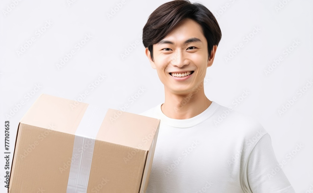 Happy Young Man Carrying a Cardboard Box. Asian man holding package parcel box. Delivery courier and shipping service concept on white background. Generative AI. Happy Young Man Carrying a Cardboard Box. Asian man holding package parcel box. Delivery courier and shipping service concept on white background. Generative AI.