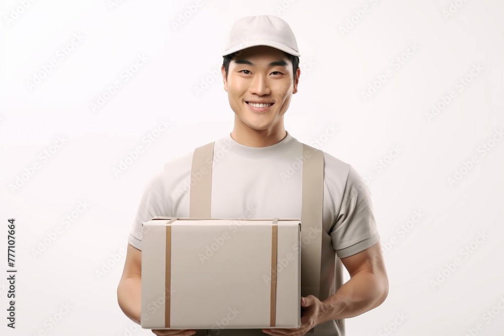 Happy Young Man Carrying a Cardboard Box. Asian man holding package parcel box. Delivery courier and shipping service concept on white background. Generative AI. Happy Young Man Carrying a Cardboard Box. Asian man holding package parcel box. Delivery courier and shipping service concept on white background. Generative AI.