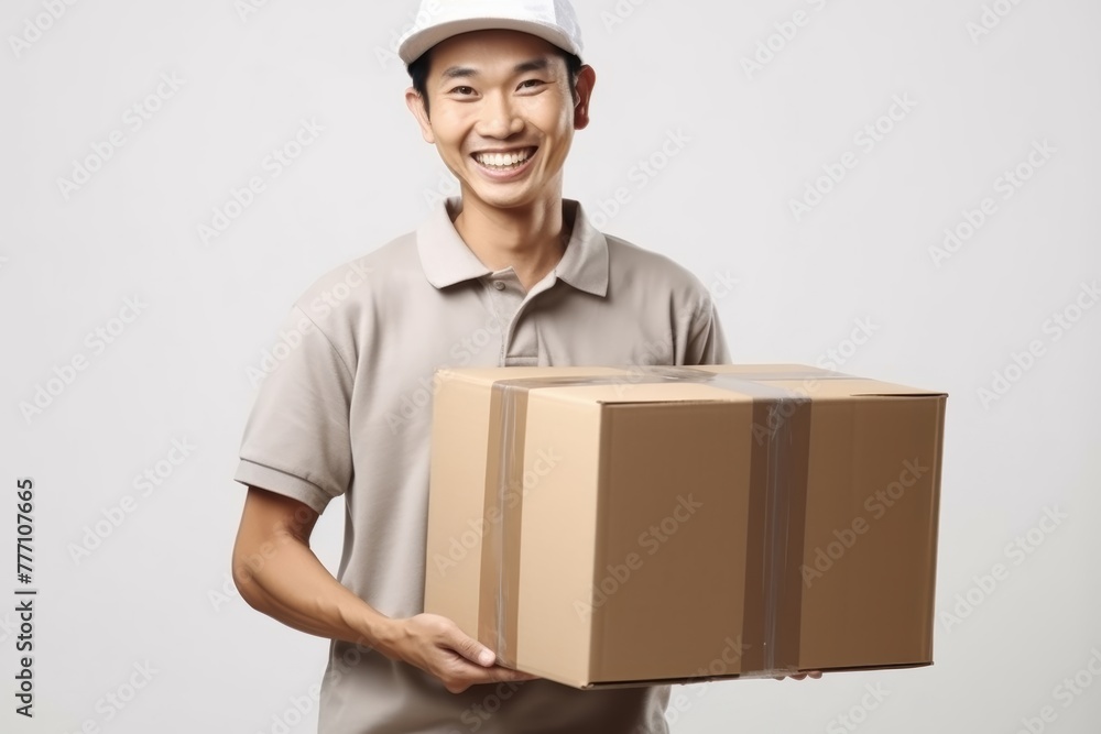 Happy Young Man Carrying a Cardboard Box. Asian man holding package parcel box. Delivery courier and shipping service concept on white background. Generative AI. Happy Young Man Carrying a Cardboard Box. Asian man holding package parcel box. Delivery courier and shipping service concept on white background. Generative AI.