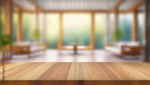 an empty wooden table set against a softly blurred modern interior, creating a tranquil and inviting atmosphere