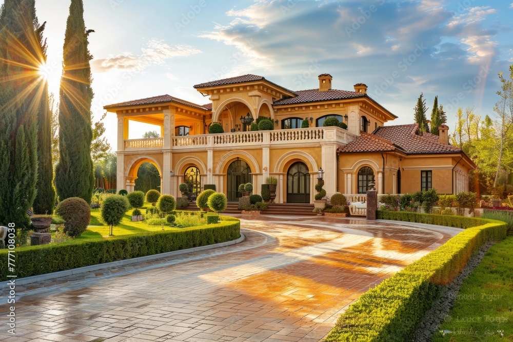 A large, elegant mansion standing tall amidst a lush forest of towering trees
