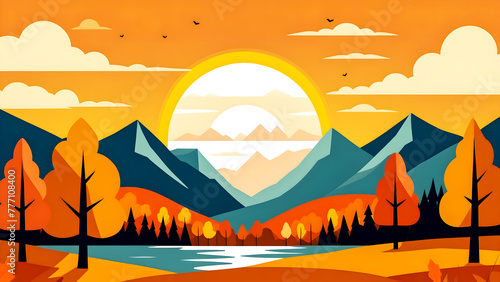 simple flat cartoon vector illustration of an autumn sunset landscape with mountains