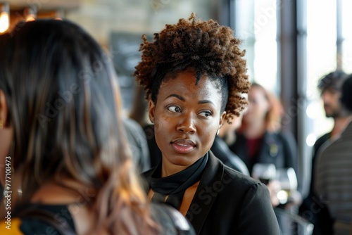 Two professional women engaged in conversation amidst a crowded room at a networking event for industry professionals