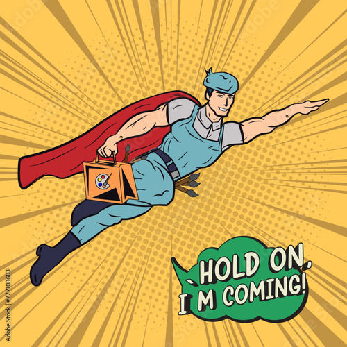 Painting man with canvas and brushes super hero Pop Art Comic Stock vector Illustration