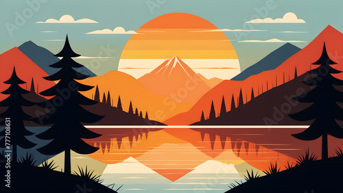 simple vector graphic of a sunset over mountains with trees and a lake