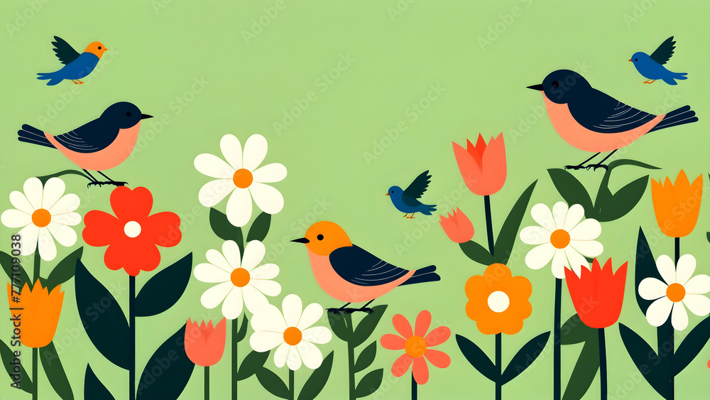 spring background with flowers and birds, vector illustration design