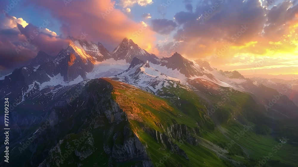 A stunning ultra 4k, 8k colorful background featuring a picturesque mountain landscape, with snow-capped peaks, lush green valleys, and a colorful sunrise sky, 