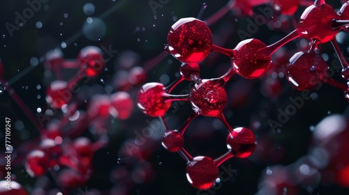 A striking close-up view of a complex molecular structure model with deep red tones and ambient lighting effects.