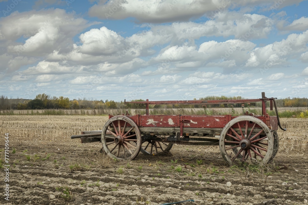 Vintage red wagon sitting alone in a grassy field under the blue sky