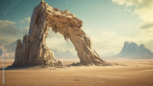 A surreal rock formation rising out of a vast desert landscape.