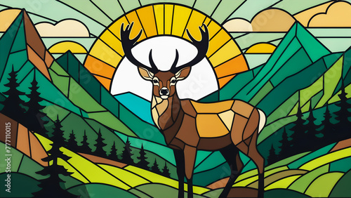 vector stained glass deer illustration in the mountains