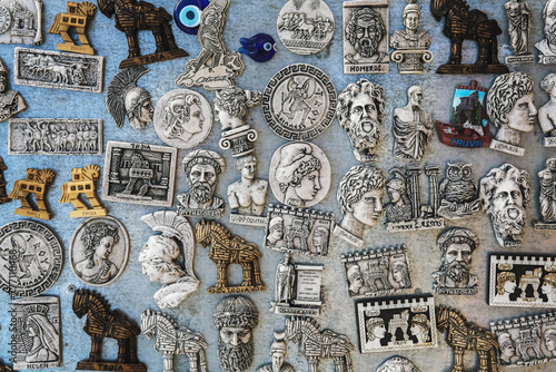 Assortment of Troy-themed magnets, showcasing Greek history and mythology, popular travel souvenirs. Tevfikiye, Canakkale, Turkiye (Turkey) photo
