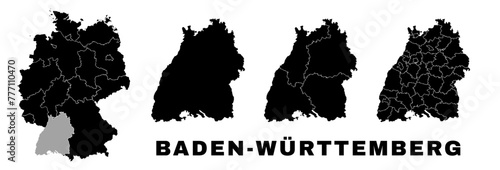Baden-Wurttemberg map, German state. Germany administrative regions and boroughs, amt, municipalities.