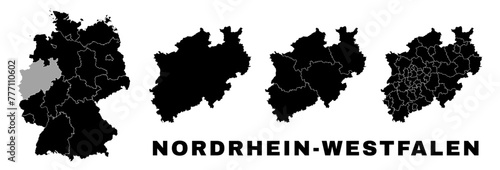 North Rhine-Westphalia map, German state. Germany administrative regions and boroughs, amt, municipalities.