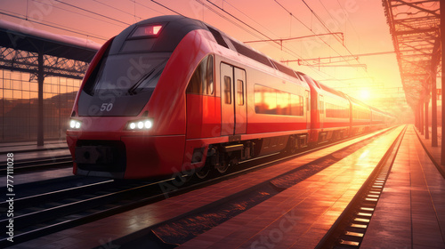 Shinkansen, Train station with motion blur effect, red high speed train on the railway station and colorful sky with clouds at sunset