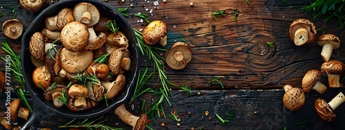 A Culinary Journey Fresh Mushrooms and Herbs in a Cast Iron Skillet Generative AI