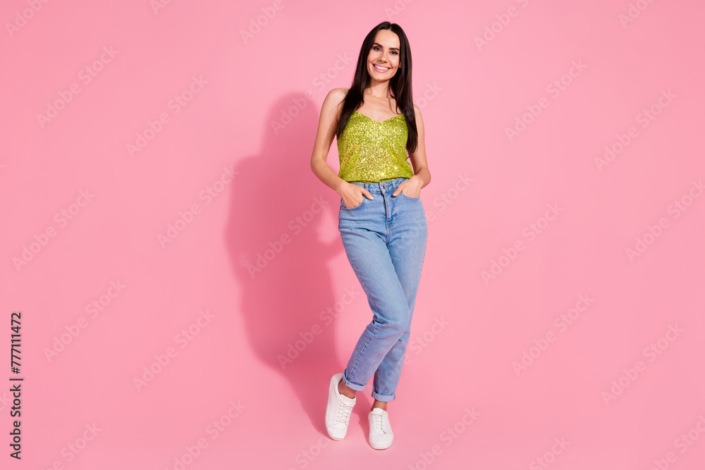 Photo of adorable gorgeous pretty girl wear trendy clothes collection isolated on pink color background Photo of adorable gorgeous pretty girl wear trendy clothes collection isolated on pink color background