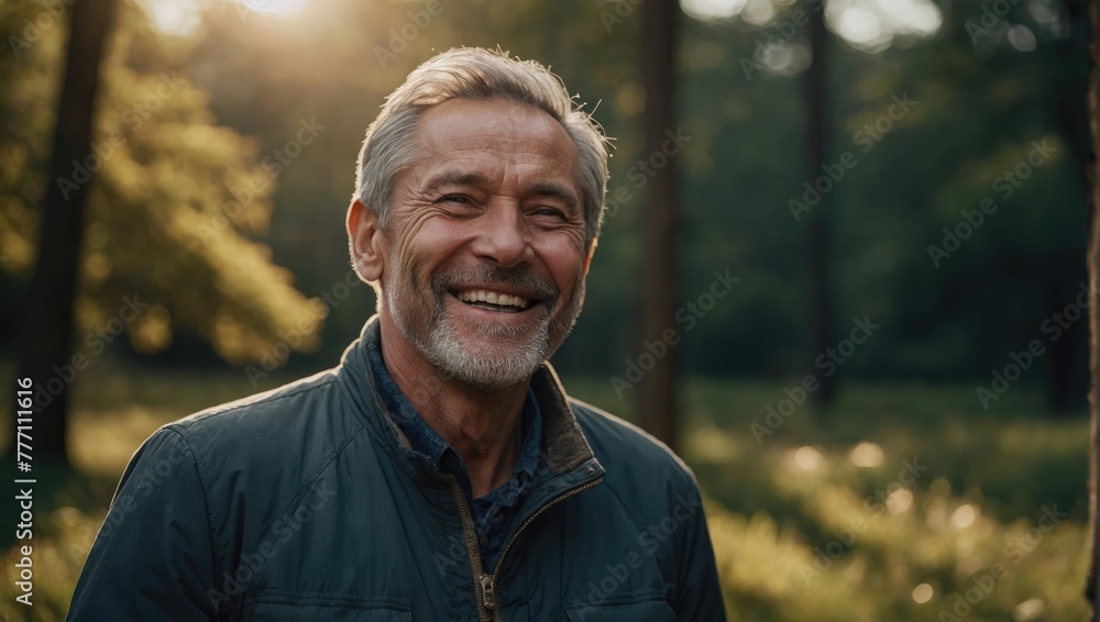 happy elderly man walking in the forest