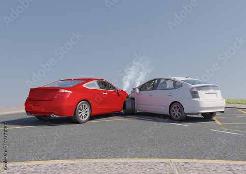 Car accident. Generic car crashed. Two cars crash in accident.Concept for insurance. 3D rendering.