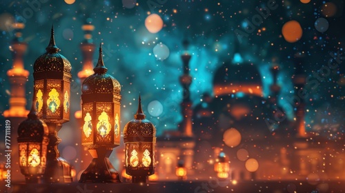Festive illustration of Eid with mosques and minarets under a twinkling starry sky and glowing bokeh
